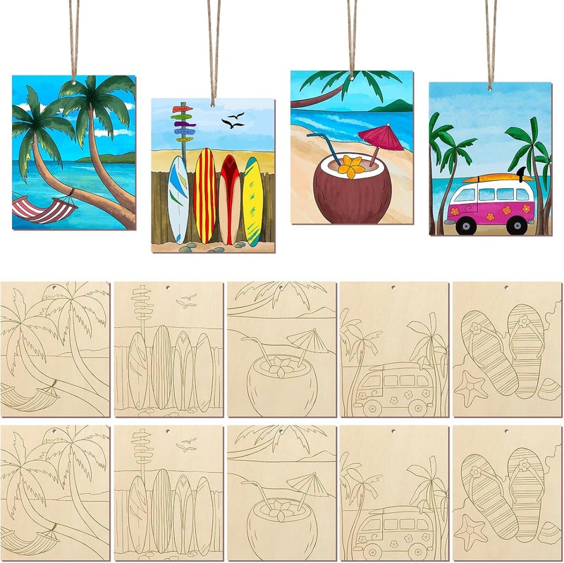 COCHIE 10 Pieces Large Summer Unfinished Wood Crafts to Paint for Adults, Bulk Predrilled Wooden Ornaments for Painting, Beach Paintable Wood Slices Craft Supplies with Ropes - Image 1